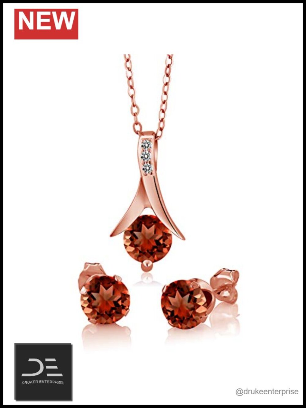 18K Rose Gold Plated Sterling Silver Red Garnet Pendant Earrings Set Jewelry